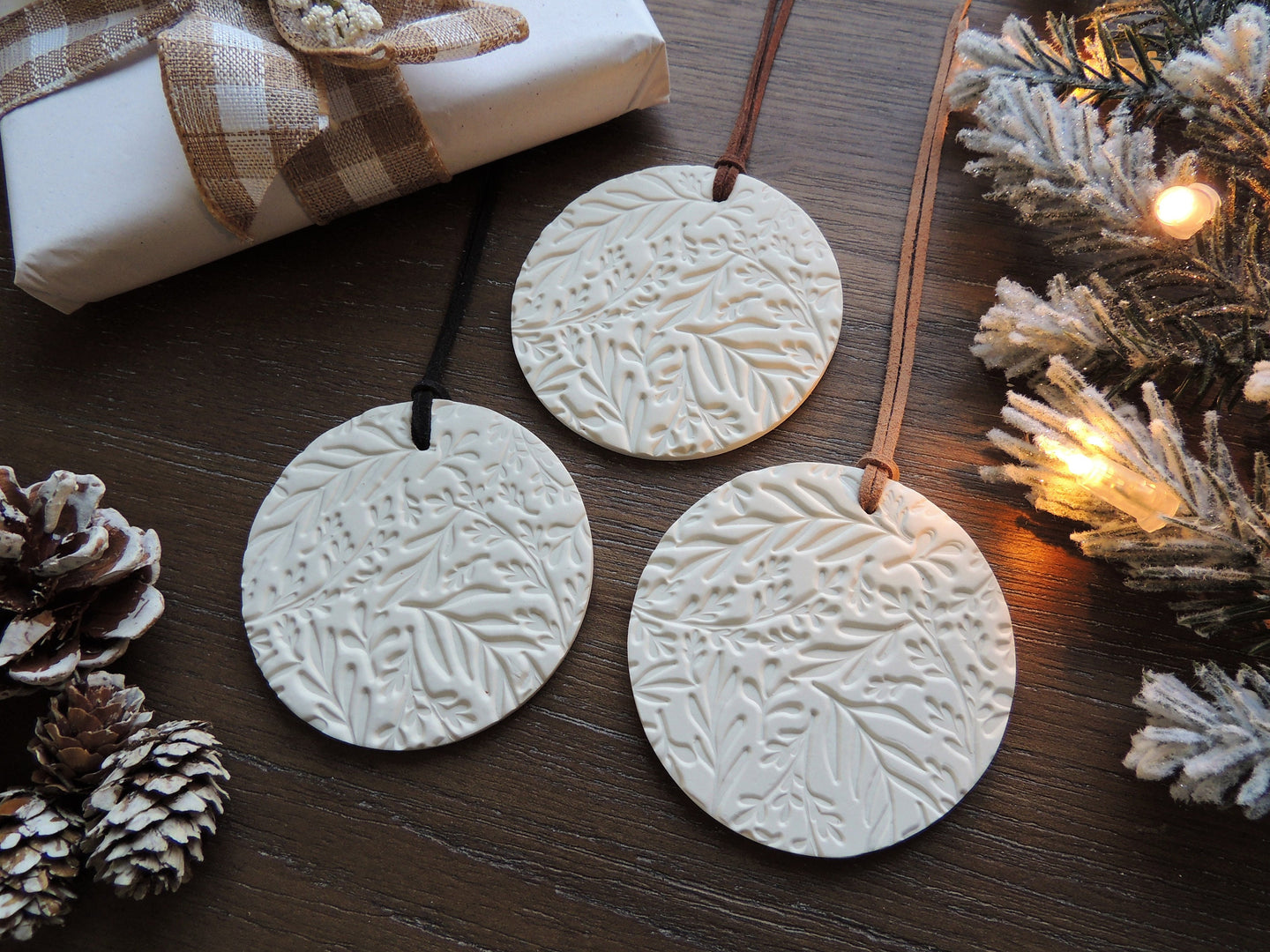 white leaf pattern ornament for tree or holiday gift, simple